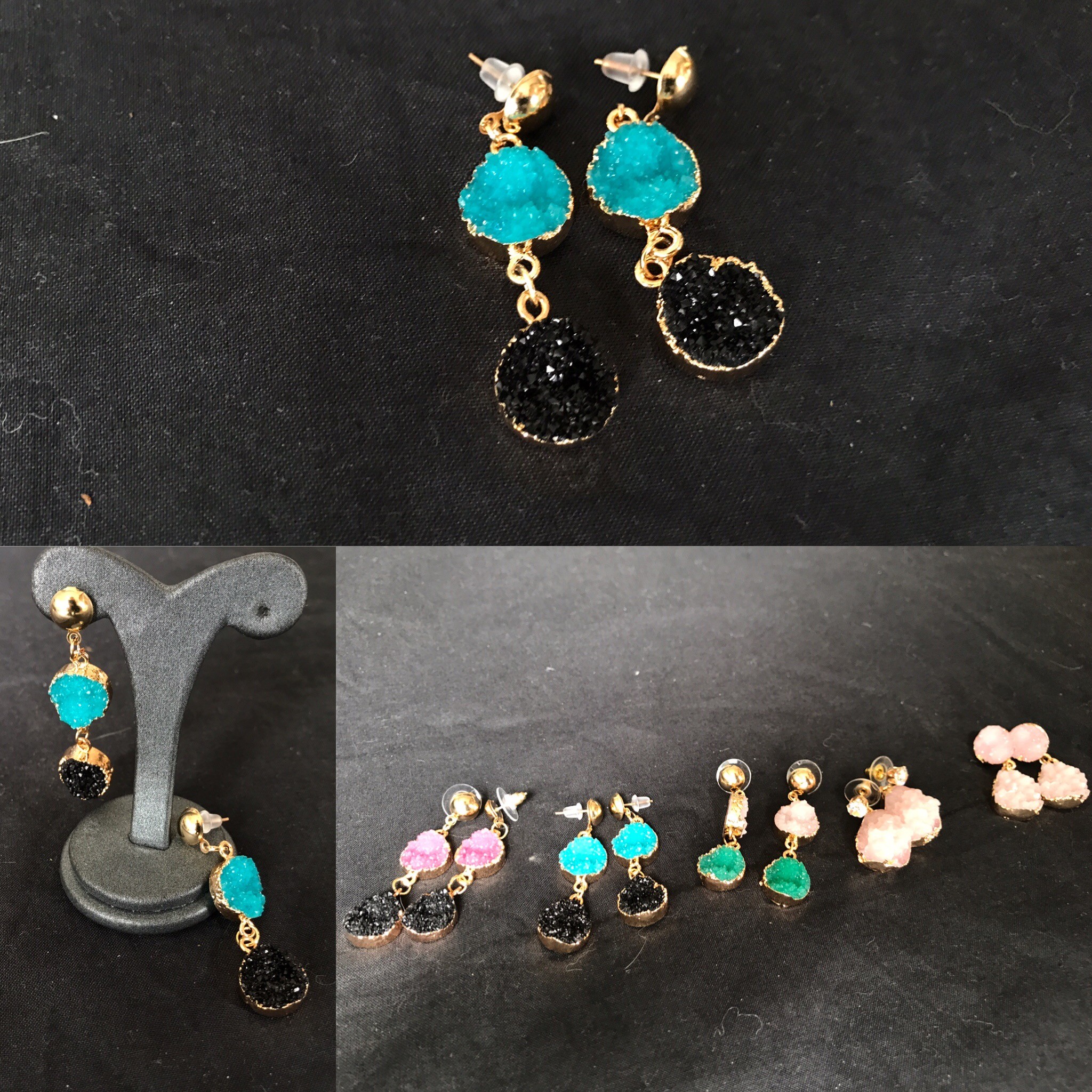Earrings Druzy Pink Stone in Alloy yellow gold plated